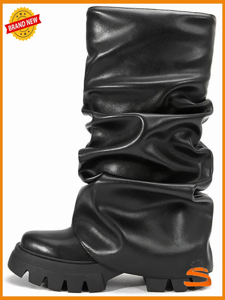 Women's Fold Over Slouchy Ruched Block Heel Boots Size 9